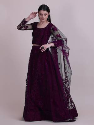 Purple Net Fabric Embroidery Work Girlie Bridesmaid Lehenga 3