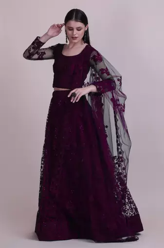Purple Net Fabric Embroidery Work Girlie Bridesmaid Lehenga