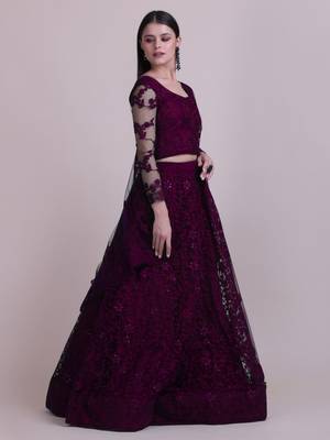 Purple Net Fabric Embroidery Work Girlie Bridesmaid Lehenga 4