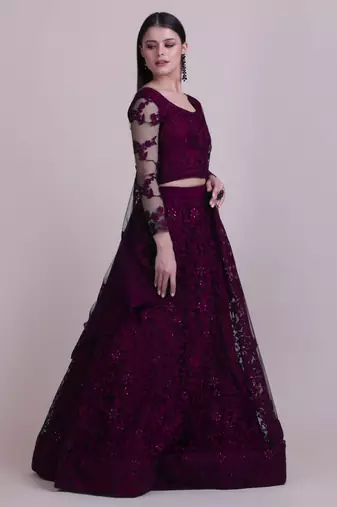 Purple Net Fabric Embroidery Work Girlie Bridesmaid Lehenga