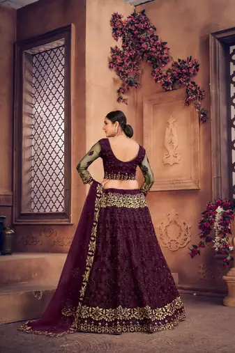 Purple Net Fabric Embroidery Work Girlie Bridesmaid Lehenga