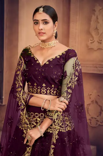 Purple Net Fabric Embroidery Work Girlie Bridesmaid Lehenga