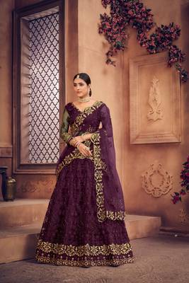 Purple Net Fabric Embroidery Work Girlie Bridesmaid Lehenga 4