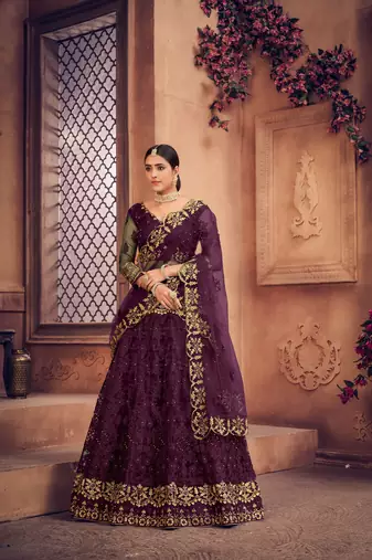 Purple Net Fabric Embroidery Work Girlie Bridesmaid Lehenga