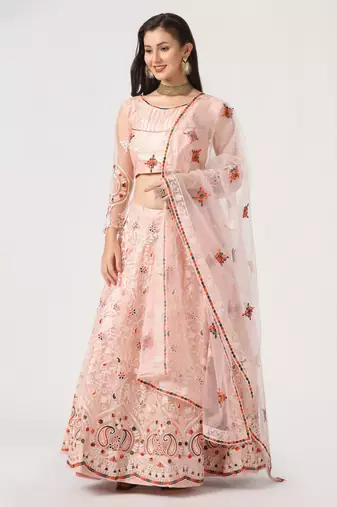 Pink Net Fabric Embroidery Work Girlie Bridesmaid Lehenga