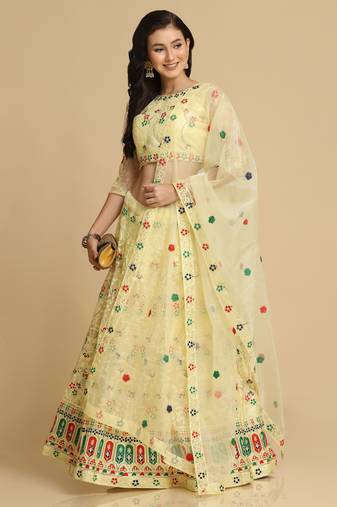 Yellow Net Fabric Designer Embroidery Work Girlie Bridesmaid Lehenga