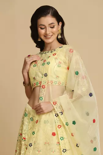 Yellow Net Fabric Embroidery Work Girlie Bridesmaid Lehenga
