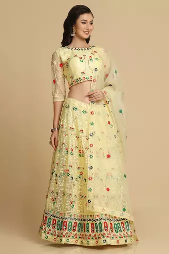 Yellow Net Fabric Embroidery Work Girlie Bridesmaid Lehenga
