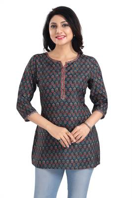 Navy blue rayon printed formal short kurti 1