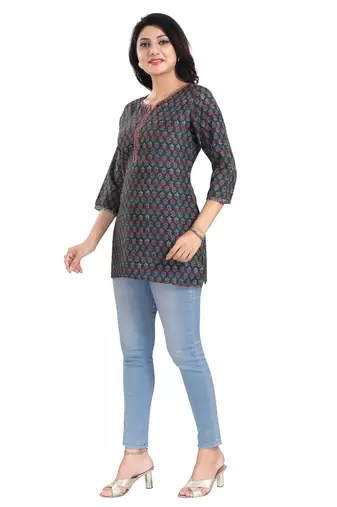 Navy blue rayon printed formal short kurti