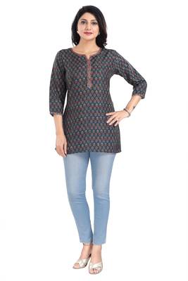Navy blue rayon printed formal short kurti 4