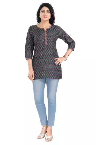 Navy blue rayon printed formal short kurti