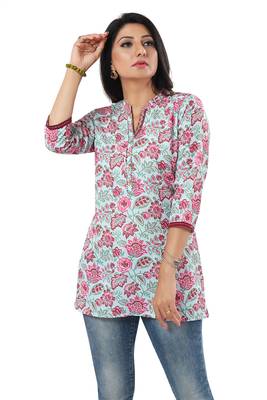Sky blue rayon printed formal short kurti 1