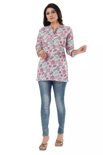 Sky blue rayon printed formal short kurti