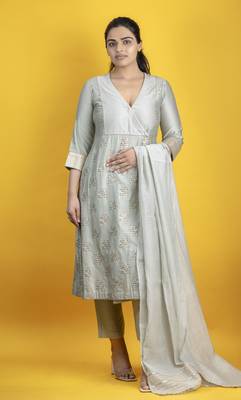 Silver grey 3 peice angrakha kurta in banarasi silk embellished with gota detailing with pants and dupatta 1