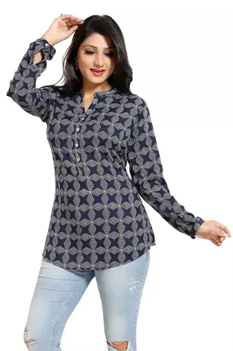 Navy blue rayon printed formal short kurti
