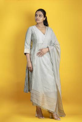 Silver grey 3 peice angrakha kurta in banarasi silk embellished with gota detailing with pants and dupatta 2