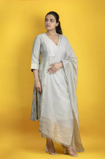 Silver grey 3 peice angrakha kurta in banarasi silk embellished with gota detailing with pants and dupatta
