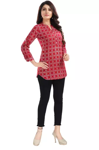 Red rayon printed formal short kurti