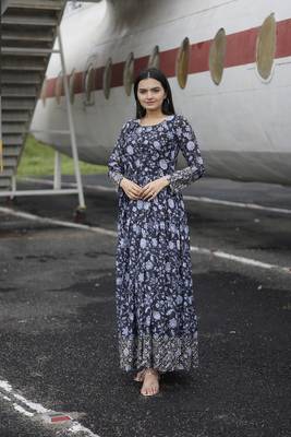Black floral printed georgette gown for ceremonial wear 1