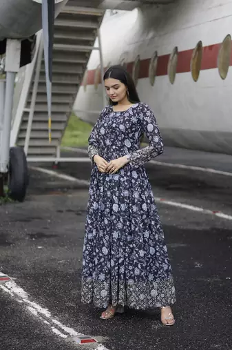 Black floral printed georgette gown for ceremonial wear