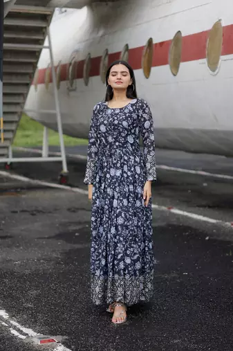 Black floral printed georgette gown for ceremonial wear