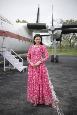 Pink floral printed georgette gown for ceremonial wear 1