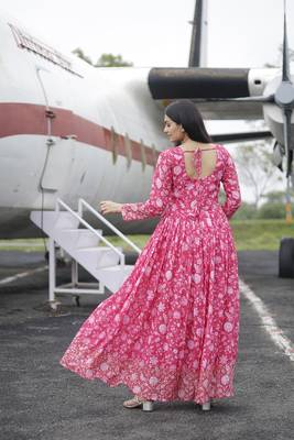 Pink floral printed georgette gown for ceremonial wear 2