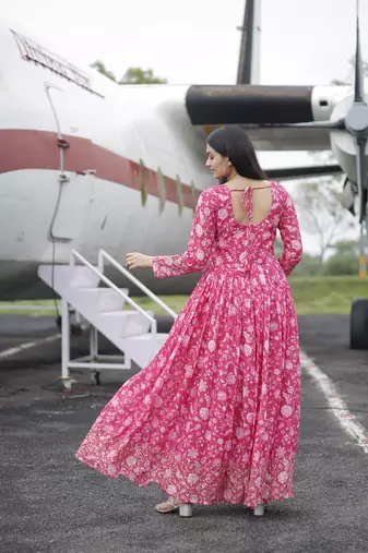 Pink floral printed georgette gown for ceremonial wear