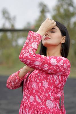 Pink floral printed georgette gown for ceremonial wear 3
