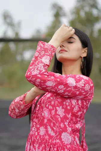 Pink floral printed georgette gown for ceremonial wear