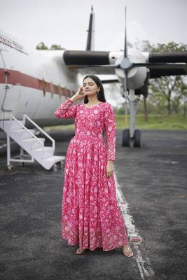 Pink floral printed georgette gown for ceremonial wear 4