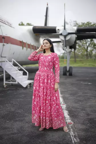 Pink floral printed georgette gown for ceremonial wear