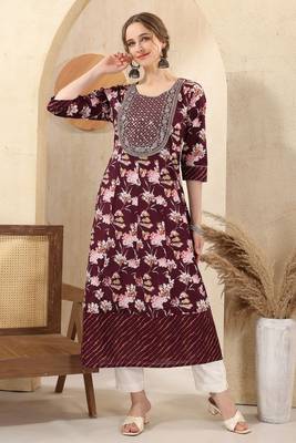 Wine printed long kurti with sequins  1