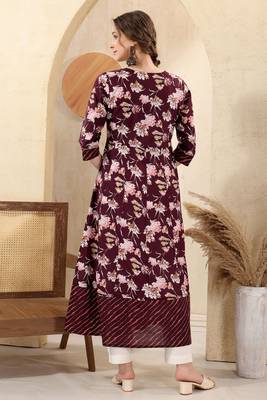 Wine printed long kurti with sequins  2