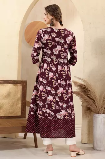 Wine printed long kurti with sequins 