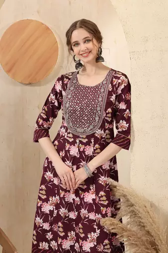 Wine printed long kurti with sequins 