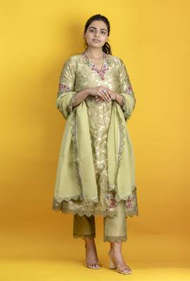 Sage green 3 piece kurta set floral embroidery banarasi silk kurta with pants and net organza dupatta 1