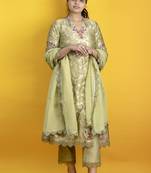 Sage green 3 piece kurta set floral embroidery banarasi silk kurta with pants and net organza dupatta