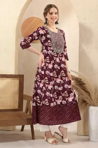 Wine printed long kurti with sequins 