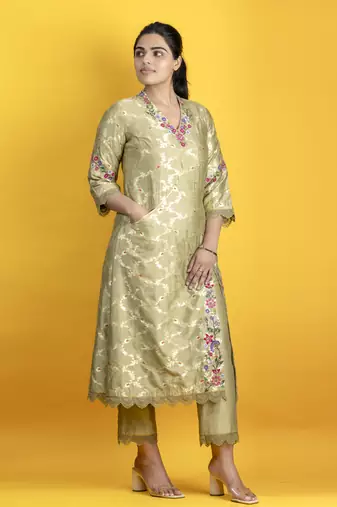 Sage green 3 piece kurta set floral embroidery banarasi silk kurta with pants and net organza dupatta