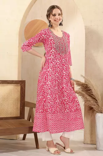 Pink printed long kurti with sequins 