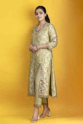 Sage green 3 piece kurta set floral embroidery banarasi silk kurta with pants and net organza dupatta 3