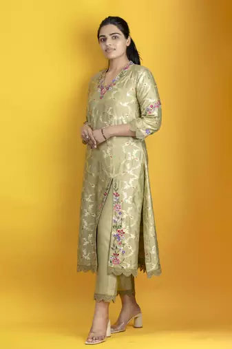 Sage green 3 piece kurta set floral embroidery banarasi silk kurta with pants and net organza dupatta
