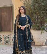 Blue ceremonial wear designer sequins work gown with dupatta