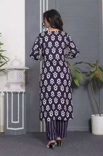 Blue rayon printed and embroidery festive looks kurta set