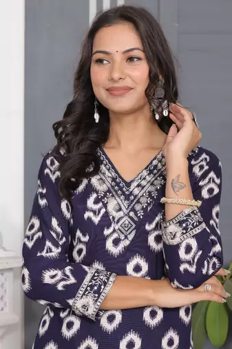 Blue rayon printed and embroidery festive looks kurta set