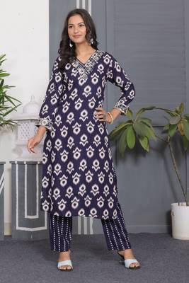 Blue rayon printed and embroidery festive looks kurta set 4