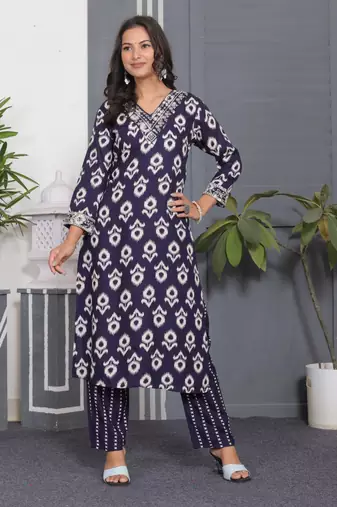 Blue rayon printed and embroidery festive looks kurta set