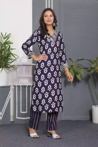 Blue rayon printed and embroidery festive looks kurta set
